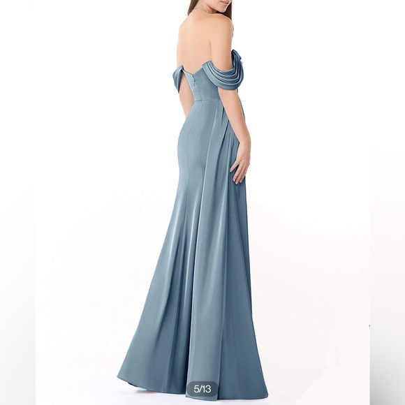 AZAZIE AMYRA 
Dusty Blue Fitted Convertible Stretch Satin Dress - Picture 4 of 5